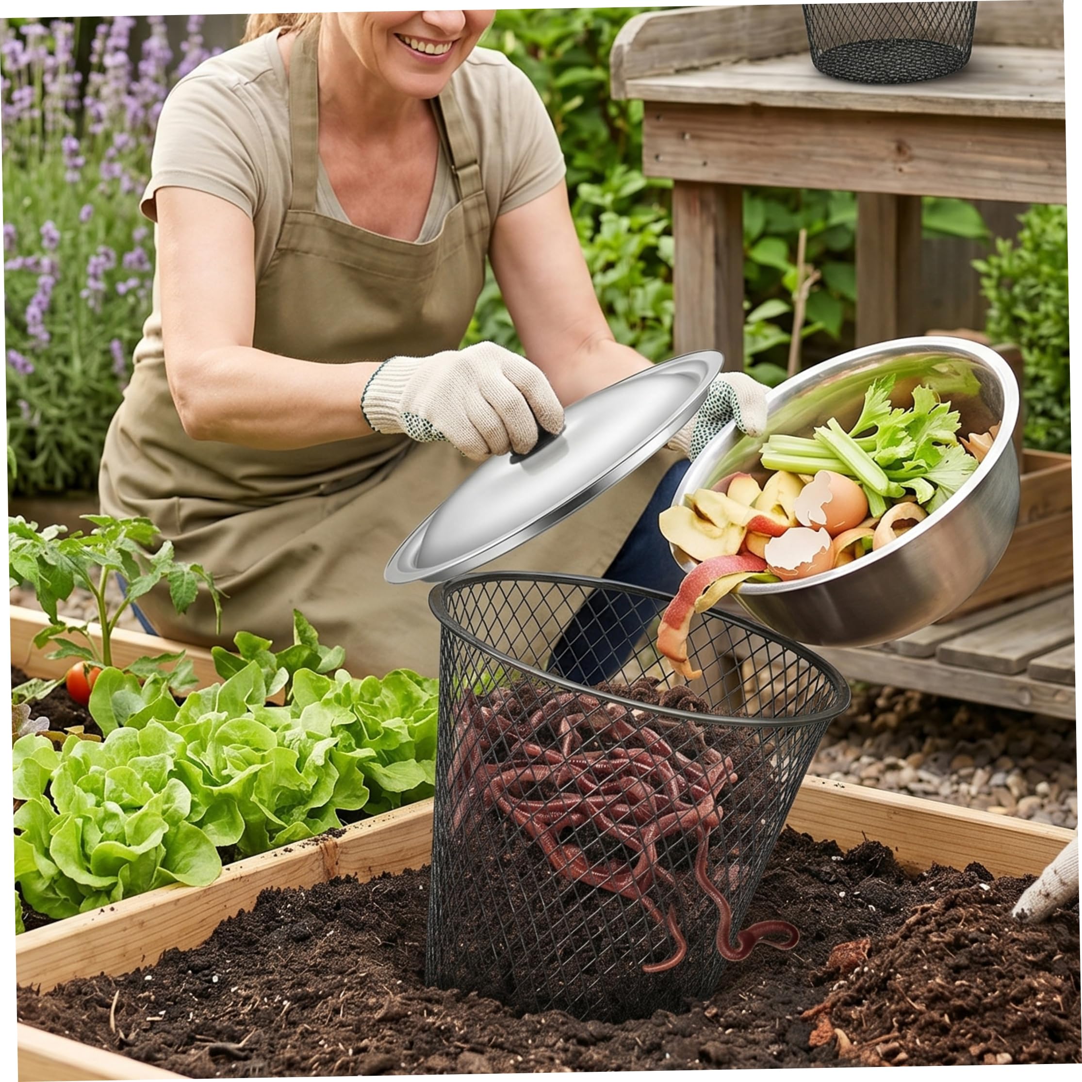 Kit de composteur de vers en Maille métallique avec Couvercle dans Le Sol, idéal pour Le compostage Jardin extérieur, 4 pièces