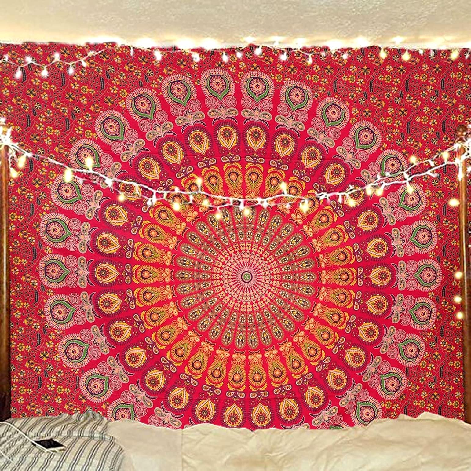 Raajsee Red Tapestry Hippie Boho Beach Blanket Mandala Indian Cotton Throw - Home Décor Indie Rug Yoga Mat Meditation Picnic Rugs Queen (82X92 Inches / 208X232 Cms)