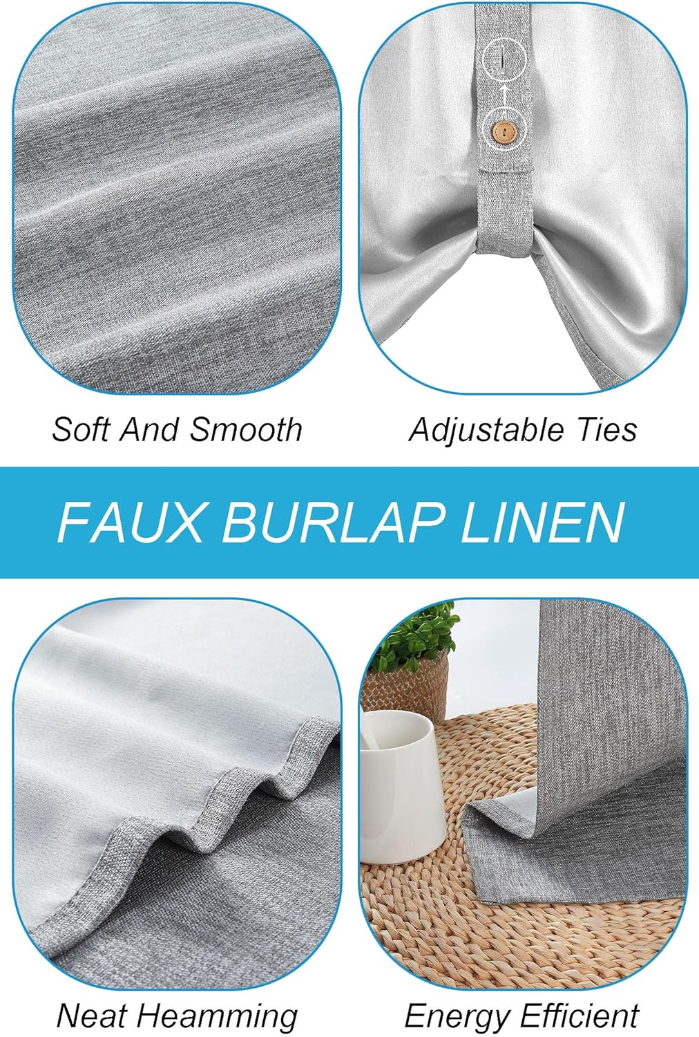 Kitchen Valances for Windows,Blackout Small Curtains for RV/Camper,2 Pack Tie up Scalloped Valance,Lovely Rod Pocket Window Curtain,52x20Inch,Grey,2Pack