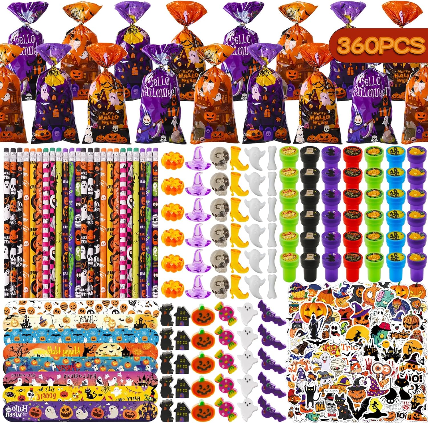 Hiawbon 40 Pack Assorted Halloween Stationery Set 360PCS Halloween Themed Stationery Bulk, Goodie Bag Stuffers Fillers Including Pencils Erasers Stamper Stickers Bracelet for Gifts