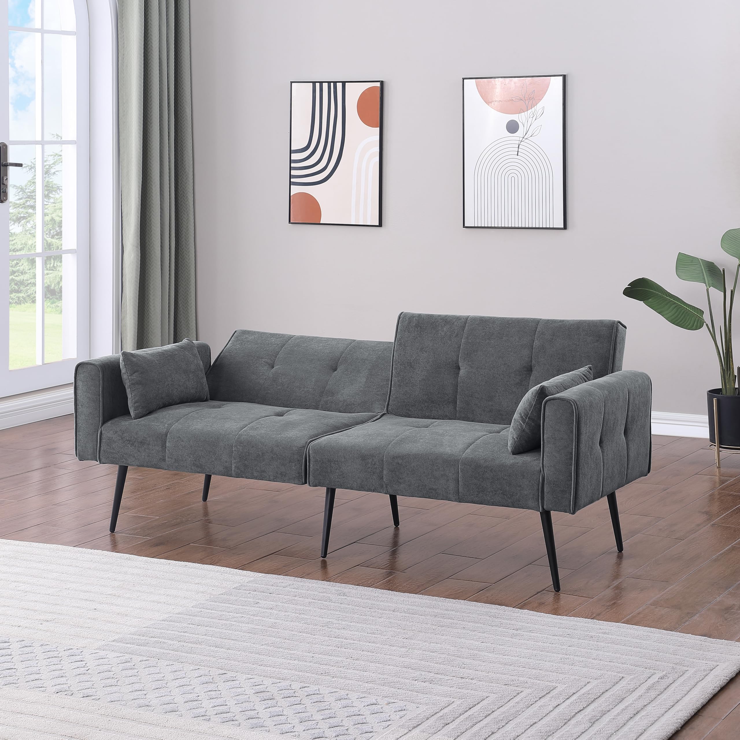 Divano letto futon a 3 posti in tessuto a coste per soggiorno e piccoli spazi (grigio)