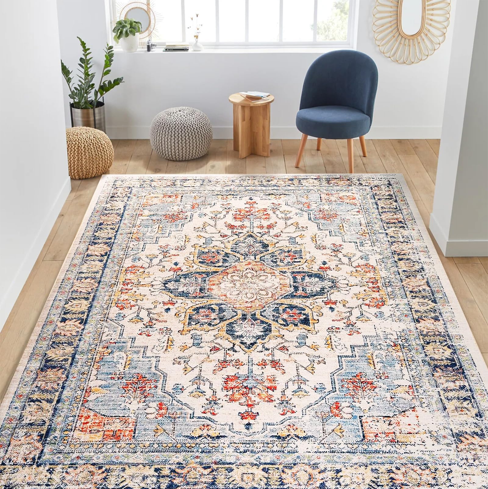 Area Rug, 5x7 Washable Rugs Carpet for Bedroom Living Room Print Distressed Non Slip No Pile