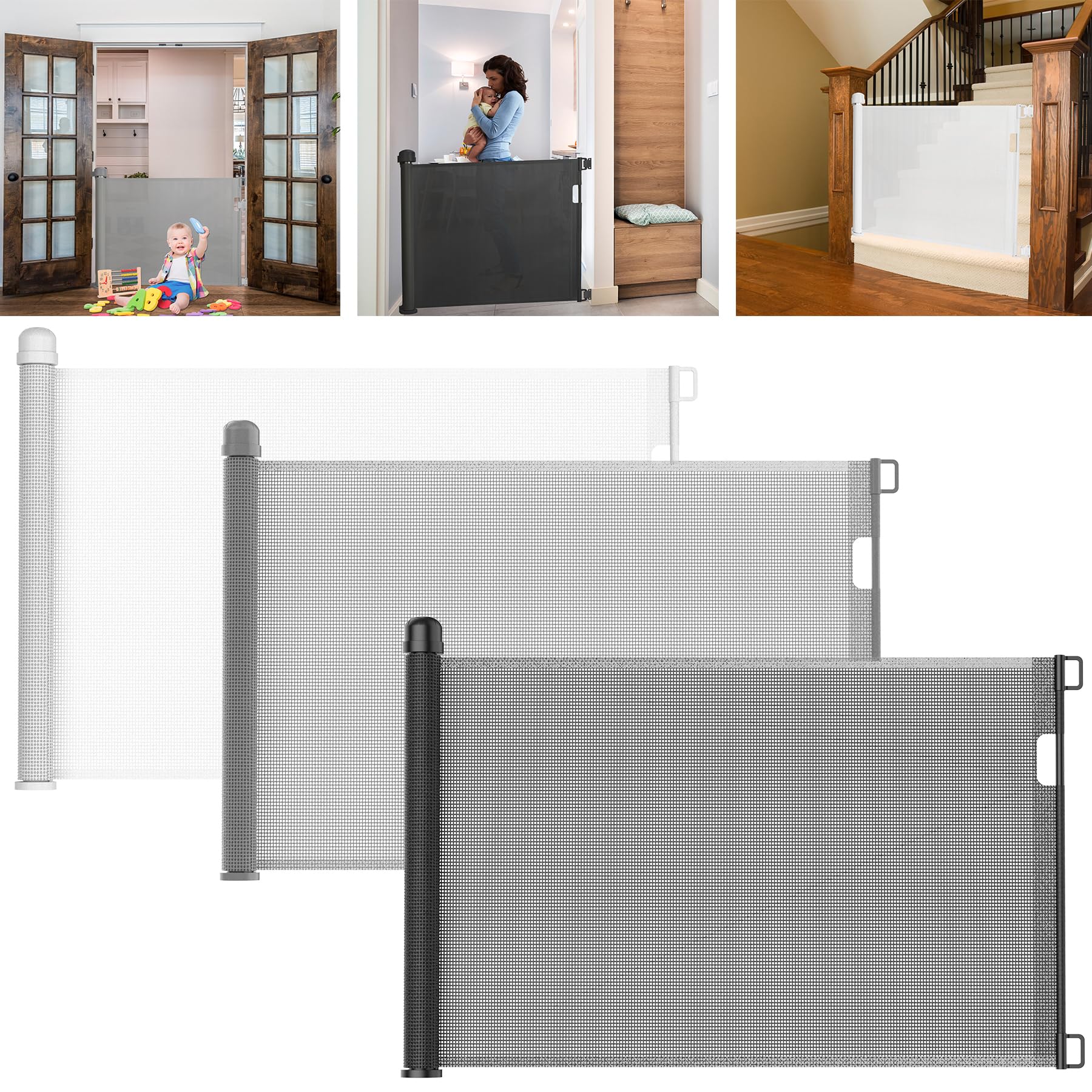 LARS360 Rejilla de protección para puerta extensible 0-300 cm, 87 cm de alto, rejilla de protección para bebé, con una mano, para escaleras, puerta, interior y exterior, color negro