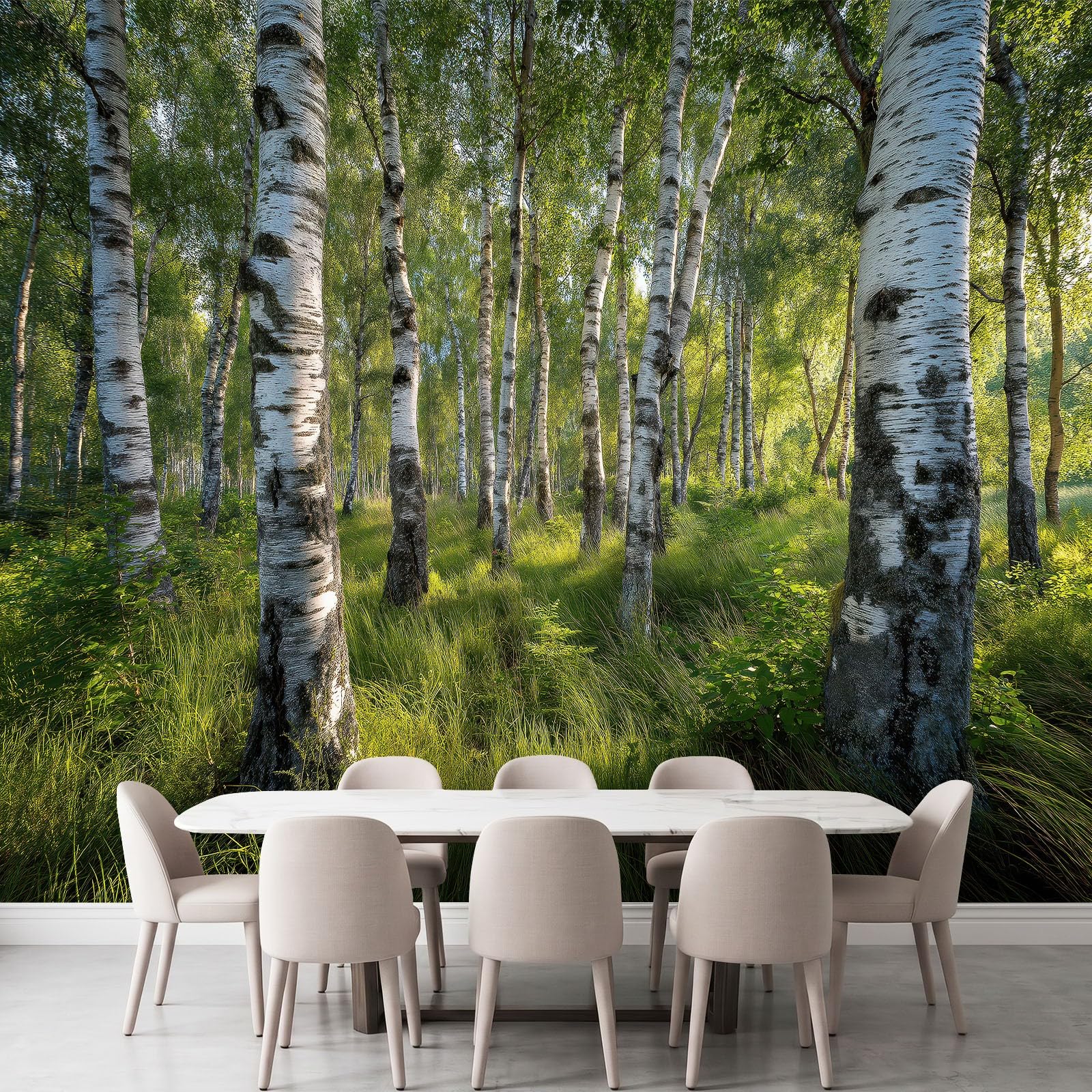 Designerska fototapeta XXL z motywem lasu naturalnego, 500 x 280 cm, rustykalny styl dworkowy, brzoza botaniczna, tapeta ścienna o wysokiej rozdzielczości, odporna na odkształcenia, dekoracja ścienna