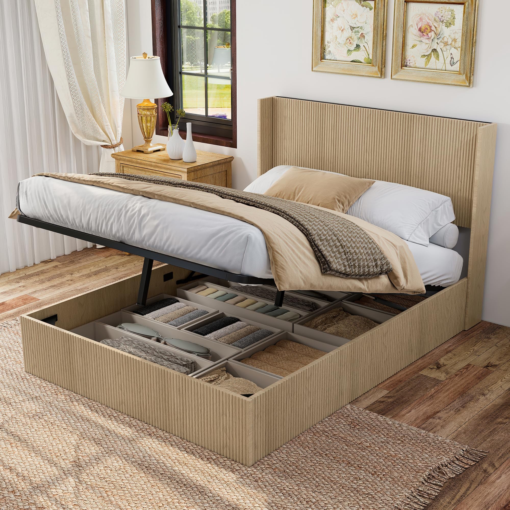 Bellemave Queen Bed Frame with Headboard and Lift Storage System, Headboard with Wing-Back and Convex Groove Board Design, Queen Size Lift Up Storage