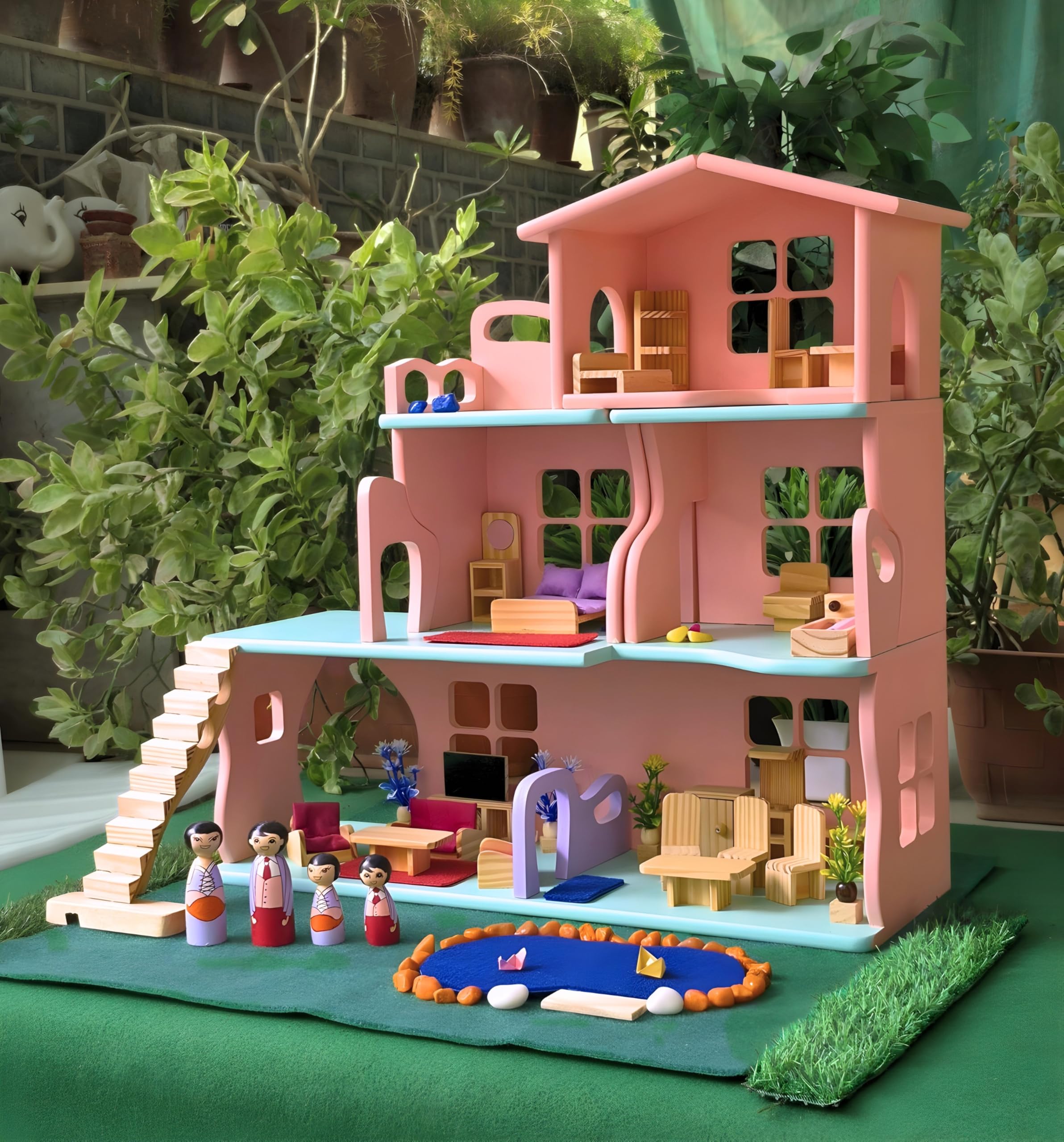 Wooden Big Dollhouse Castle Large Doll House with Furniture playset (Multi Arrangement 3 Story with Garden)-image-21