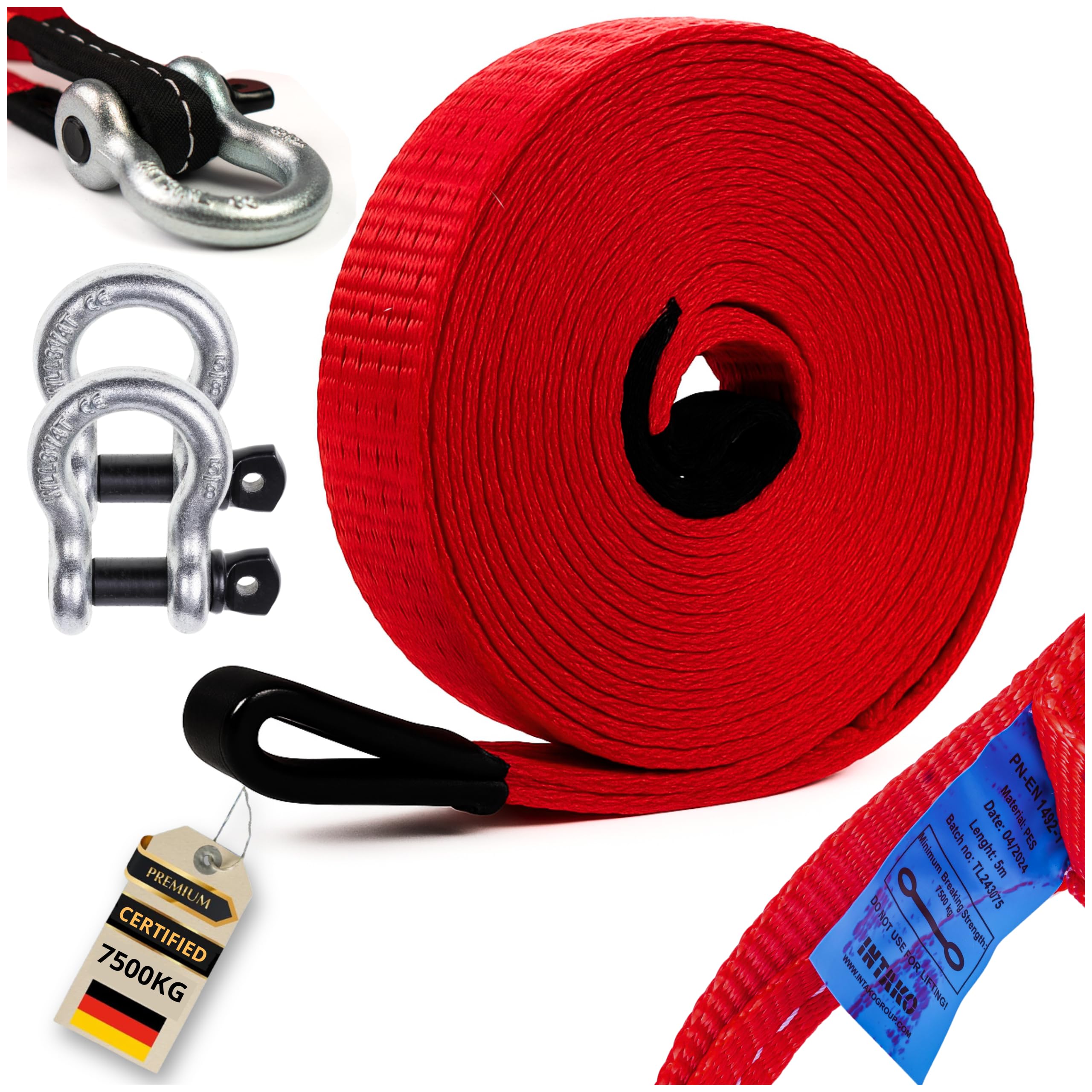 INTAKO Sangle de Remorquage 5M (7,5 Tonnes) avec Manilles - Norme en 1492-1 - Corde de Remorquage pour Voiture - Sangle de Traction Ultra Résistante
