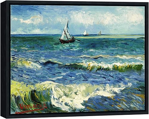 Wieco Art Lienzo enmarcado para pared, diseño de paisaje marino en Saintes Maries por Vincent Van Gogh, impresiones de lienzo giclée modernas,