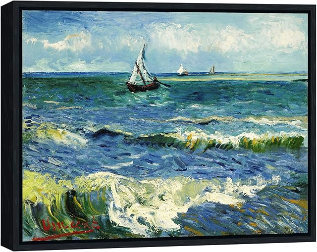 Wieco Art Black Framed Seascape at Saintes Maries by Vincent Van Gogh Canvas Prints Artwork Ocean Pictures on Canvas Wall Art for Bedroom Home Decorations VAN0019-3040UK-BF