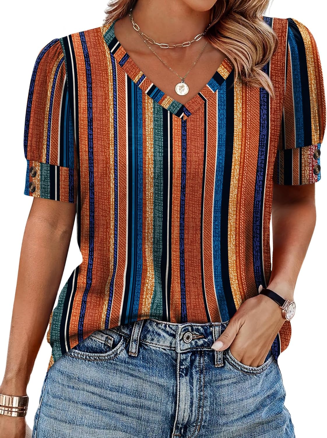 OFEEFAN Womens Tops Short Sleeve Shirts Buttons V Neck Spring Fashion Summer Outfits Plus Size Blouses Dressy Casual