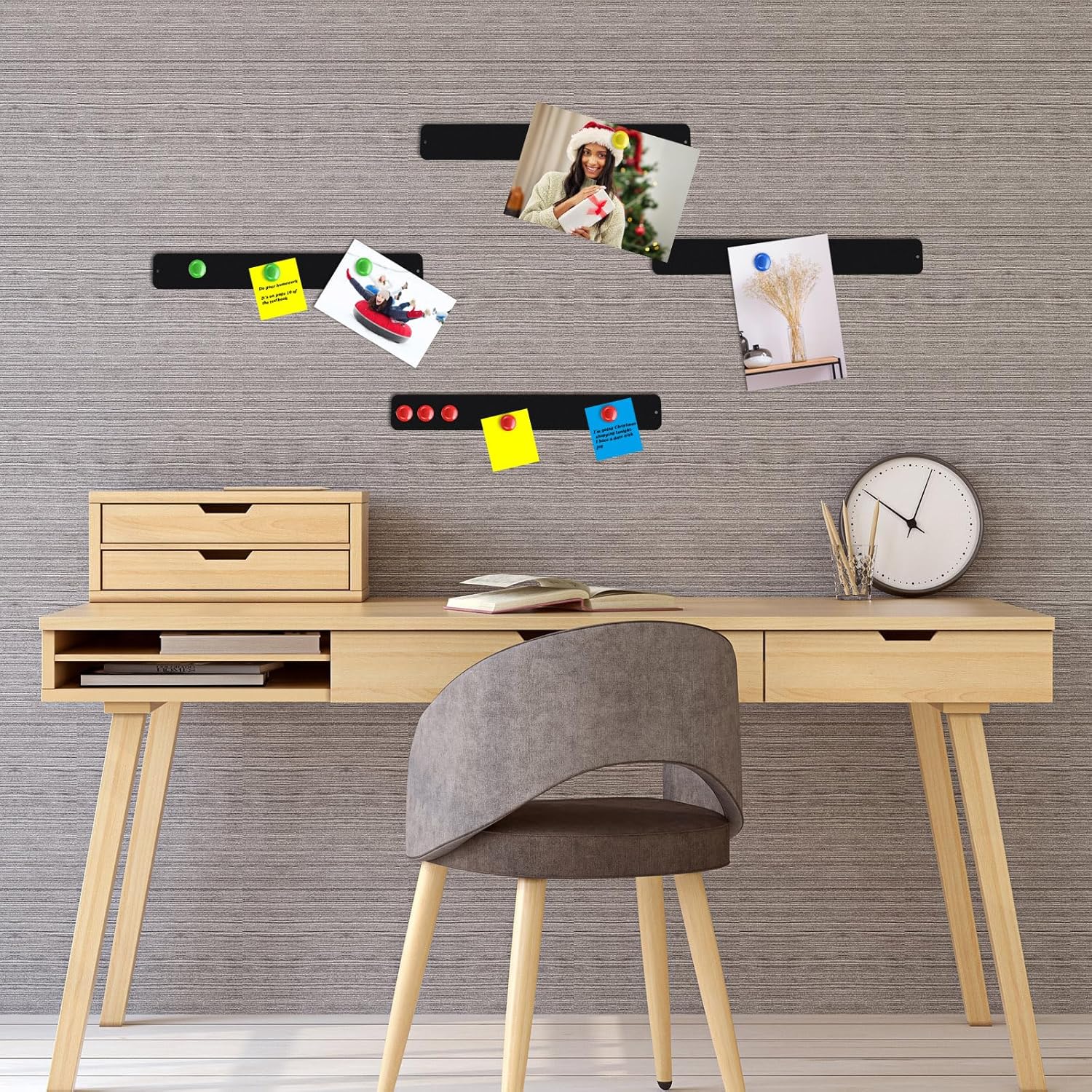 6 Pcs 15" x 2" Magnetic Display Board Souvenir Bulletin Board Strip Set with 48 Pcs Colorful Magnet for Office Home Wall Display Notes, Photos(Black)