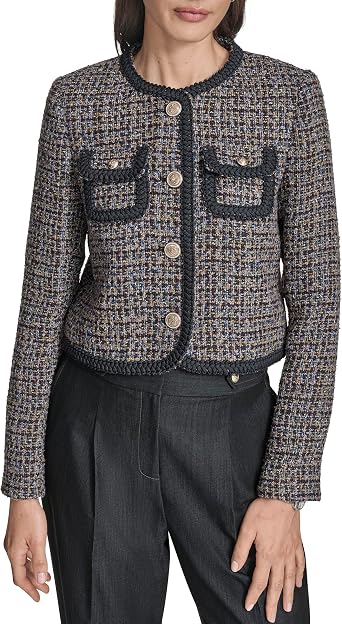 BCBG Womens Long Sleeve Braided Trim Novelty Tweed Cropped Button Front Jacket
