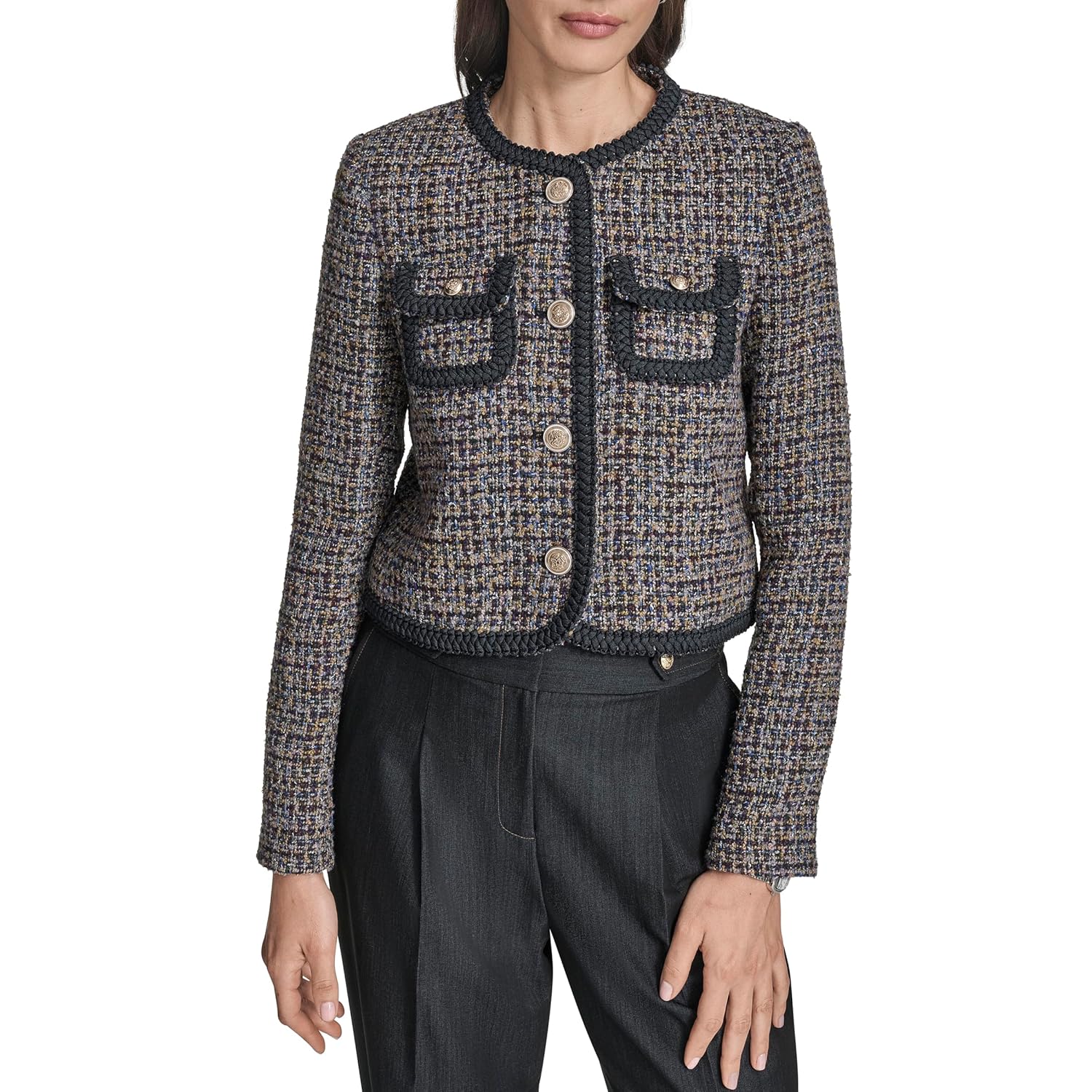 BCBG Womens Long Sleeve Braided Trim Novelty Tweed Cropped Button Front Jacket
