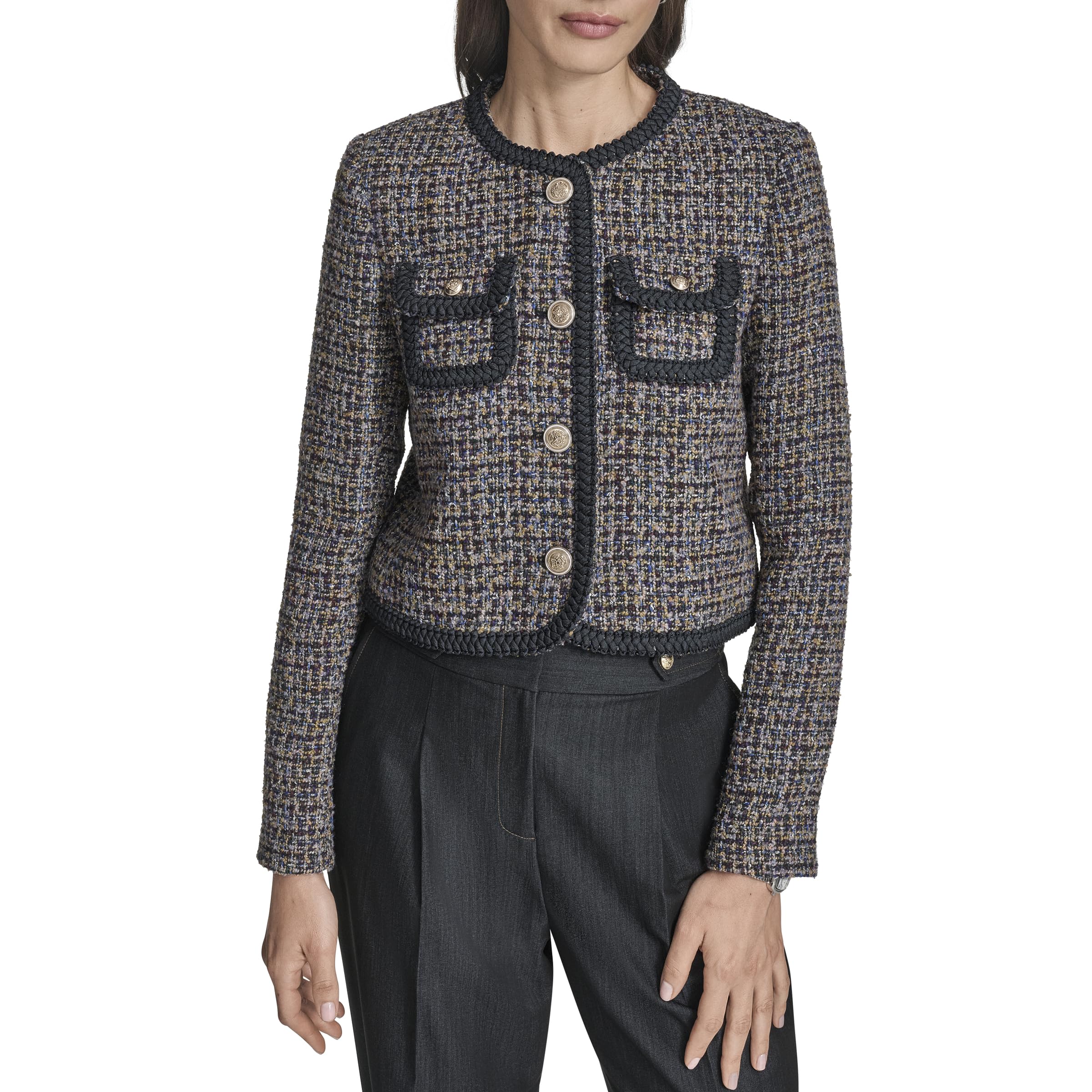 BCBG Womens Long Sleeve Braided Trim Novelty Tweed Cropped Button Front Jacket
