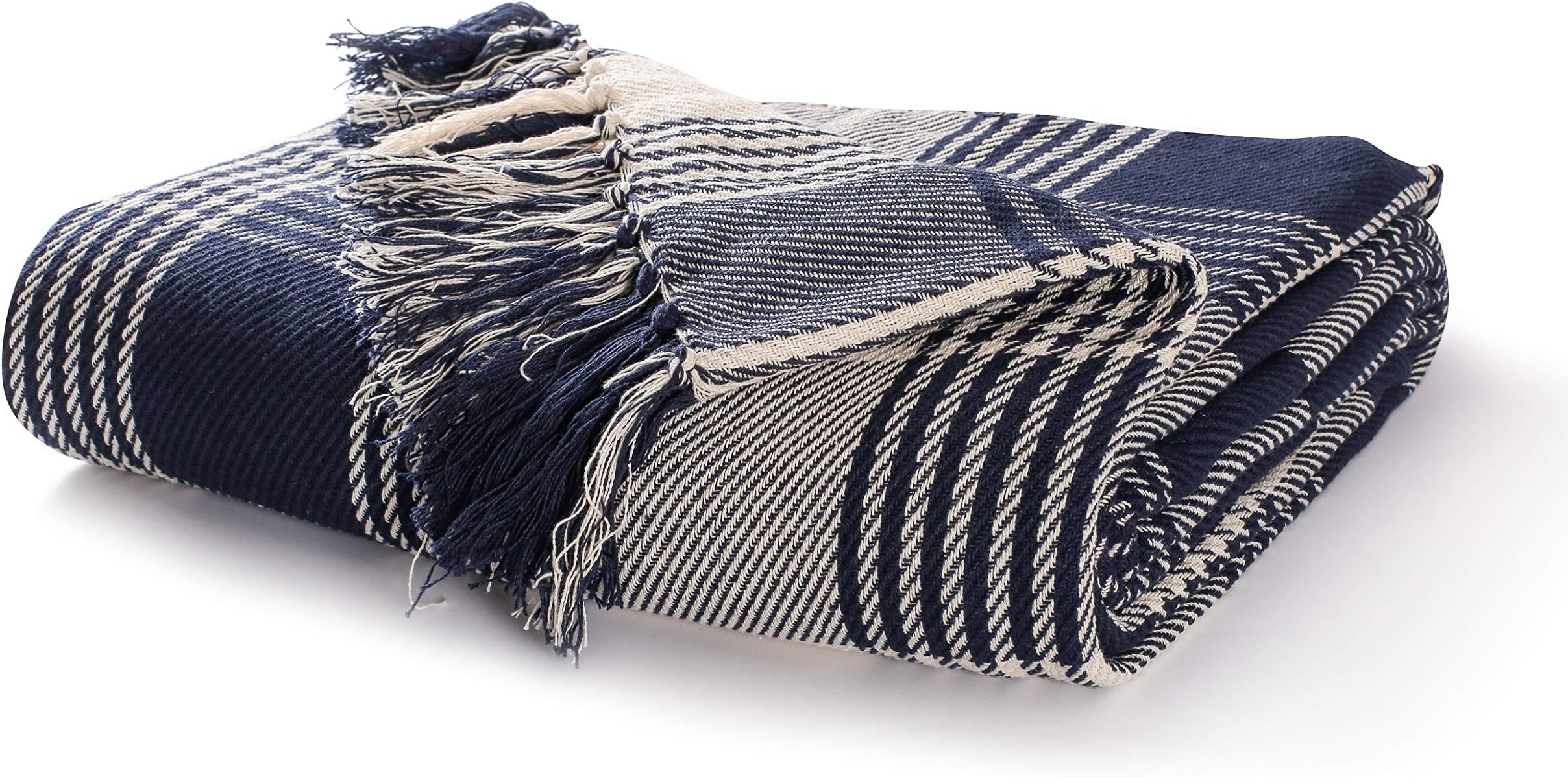 EHC Premium Reversible 100% Cotton Large 250 x 380cm Super King Size Tartan Throws for Sofa, Bedspread Navy Blue