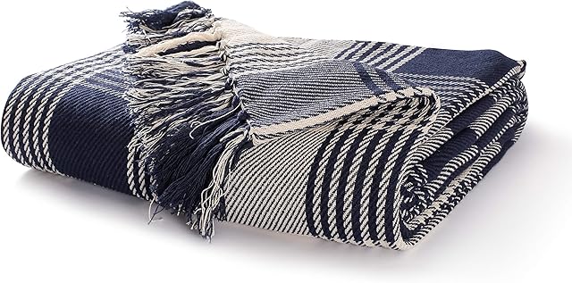 EHC Premium Reversible 100% Cotton Large 250 x 380cm Super King Size Tartan Throws for Sofa, Bedspread Navy Blue