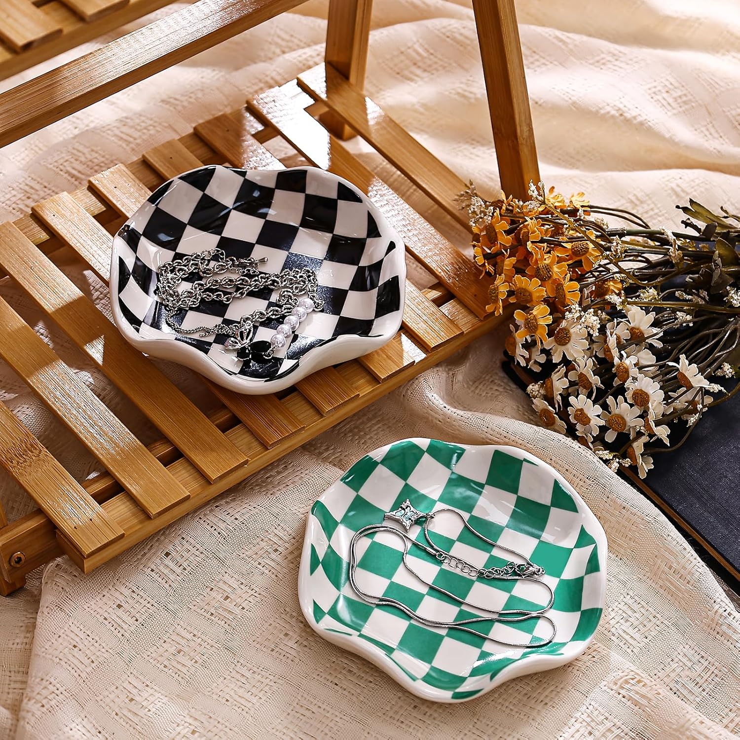 Koythin Ceramic Jewelry Tray, Checkered Pattern Aesthetic Decorative Trinket Dish for Rings, Earrings Necklaces Bracelet Watch Holder, Small Key Bowl, Birthday Mother's Day for Women (Black) - Image 9