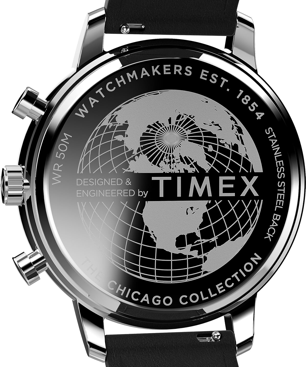 Nærbillede af bagkassen på Timex Chicago 45 mm-uret til mænd med indgraverede detaljer.