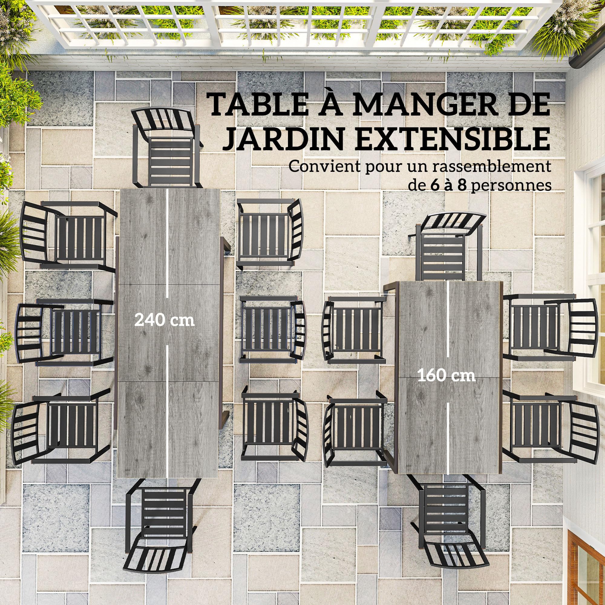 Outsunny Table de Jardin Extensible 160/240 cm 6-8 Personnes, Gris