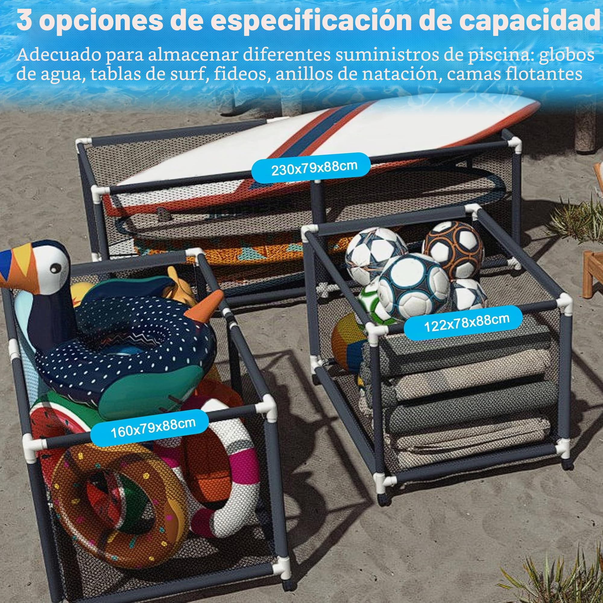 FIVMEN Contenedor de almacenamiento de piscina con rollo porta fideos carro de almacenamiento con red de nailon gran capacidad organizador para fideos juguetes flotador toallas, 230 x 79 x 88 cm