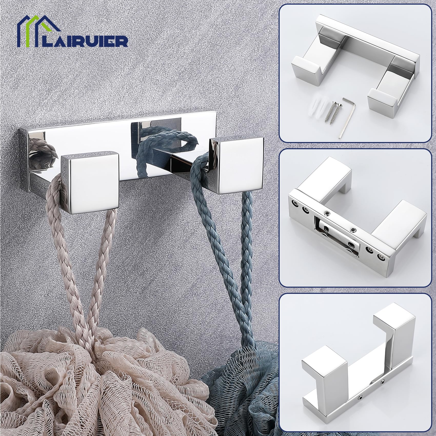 Lot de 3 accessoires de salle de bain en acier inoxydable SUS304 - Anneau porte-serviette mural - Chrome poli