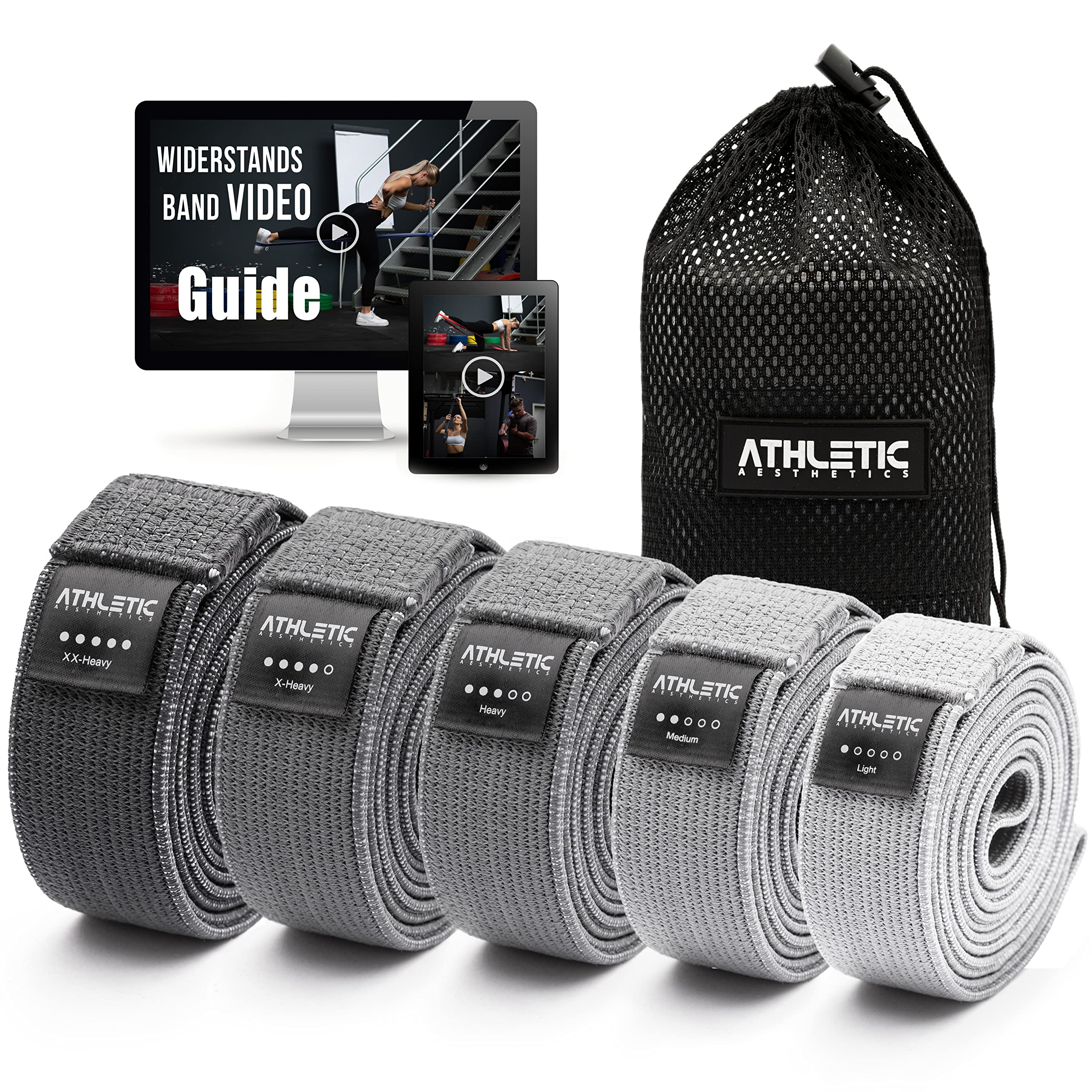 ATHLETIC AESTHETICS Premium Resistance Bands/Widerstandsbänder mit Stoff [ Als Fitnessband und Fitnessbänder Set + Tasche und Videokurs] Fitness Band z.B. als Klimmzughilfe für Damen & Herren