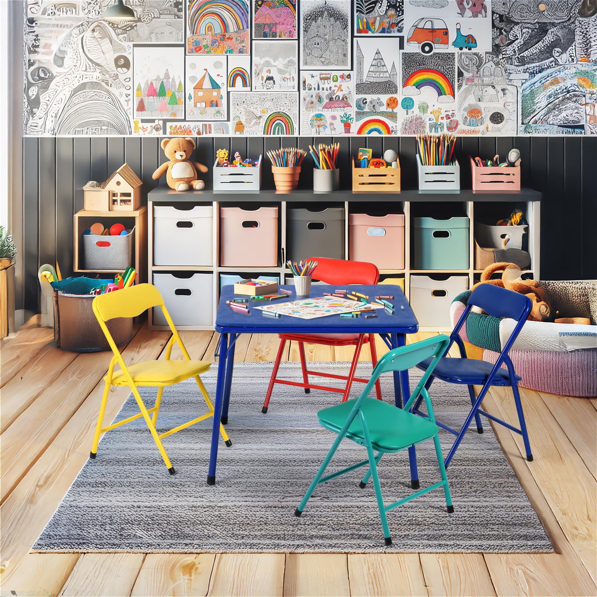 FurnitureR Juego de Mesa y Silla Plegable para niños – 1 Mesa (61 x 61 x 51 cm) con cojín de PVC Azul y Estructura de Metal + 4 sillas Acolchadas en Azul, Verde, Rojo y Amarillo – Ahorro de Espacio