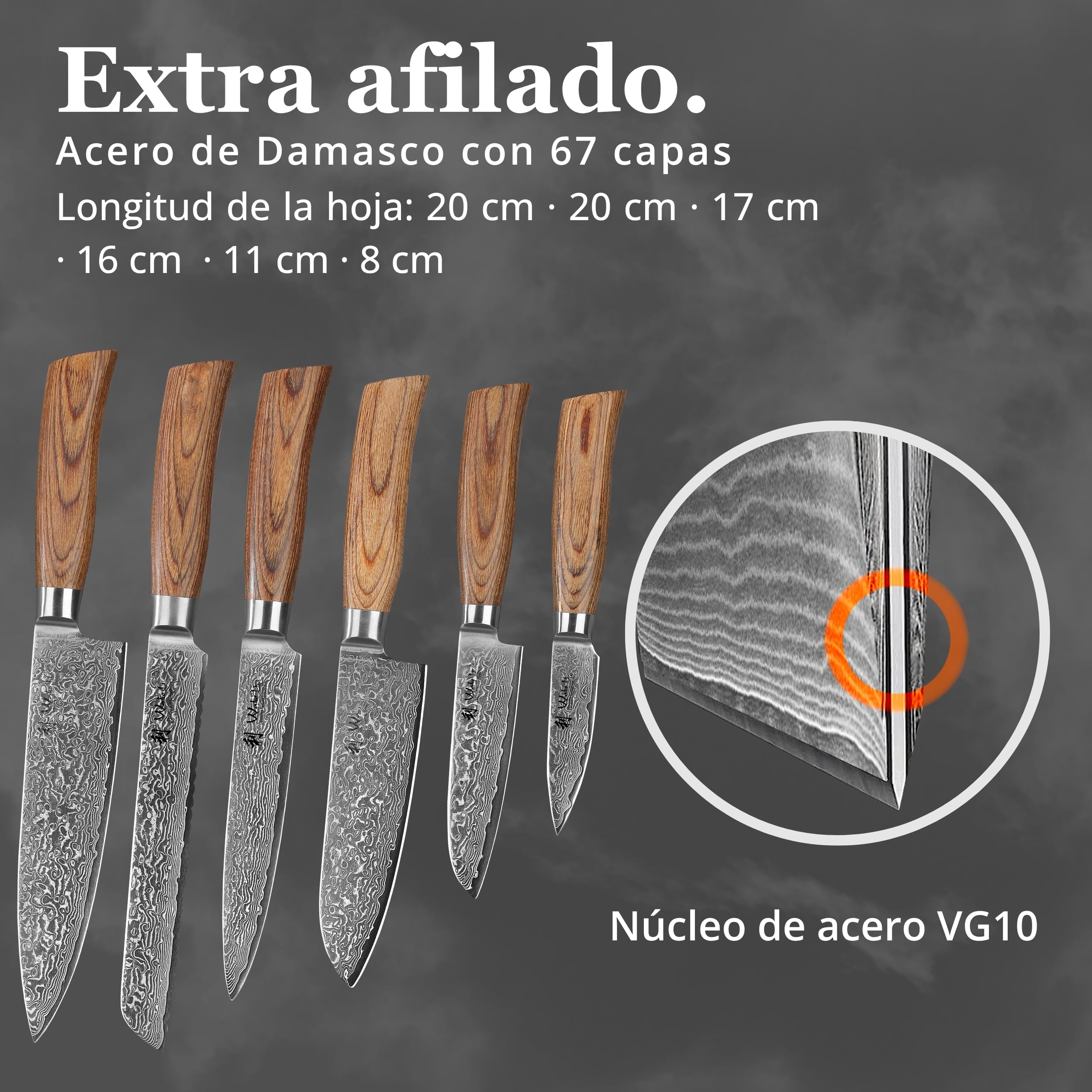 WAKOLI EDIB Pro juego de 6 cuchillos en acero de damasco de 67 capas con núcleo VG10, chef 20 cm, pan 20 cm, carne 17 cm, Santoku 16 cm, Santoku 11 cm y puntilla 8 cm