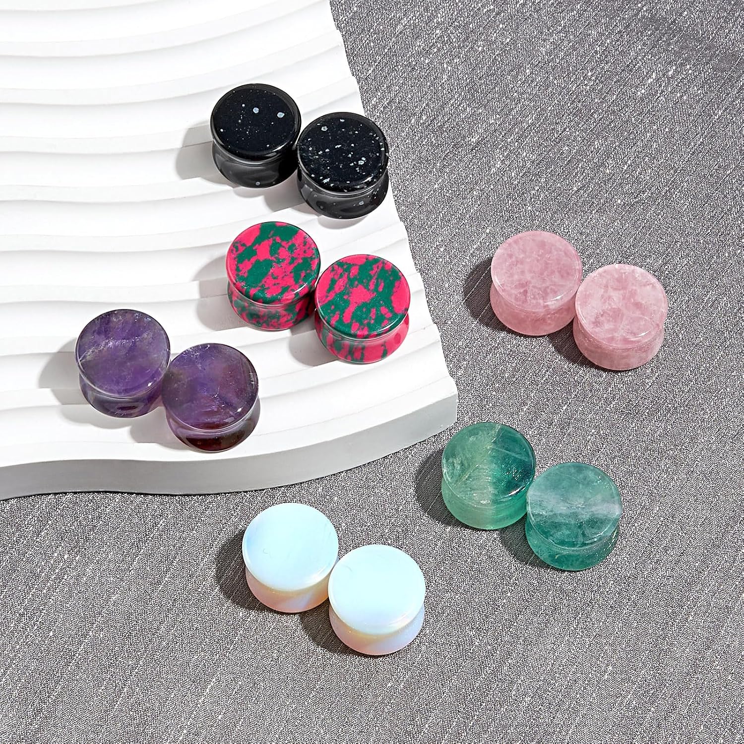 Longbeauty 12Pcs Natural Stone Ear Gauges Plugs Saddle Double Flared Stone Plugs Gauges for Men Women Ear Piercing Jewelry 2g-5/8