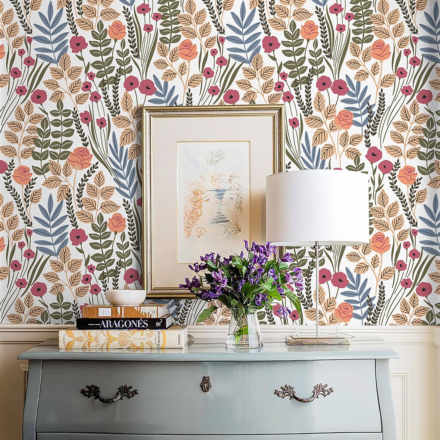 HAOKHOME Peel and Stick Wallpaper Floral Removable Stick on Contact Paper for Bathroom Decor White/Pink/Brown 17.7in x 9.8ft