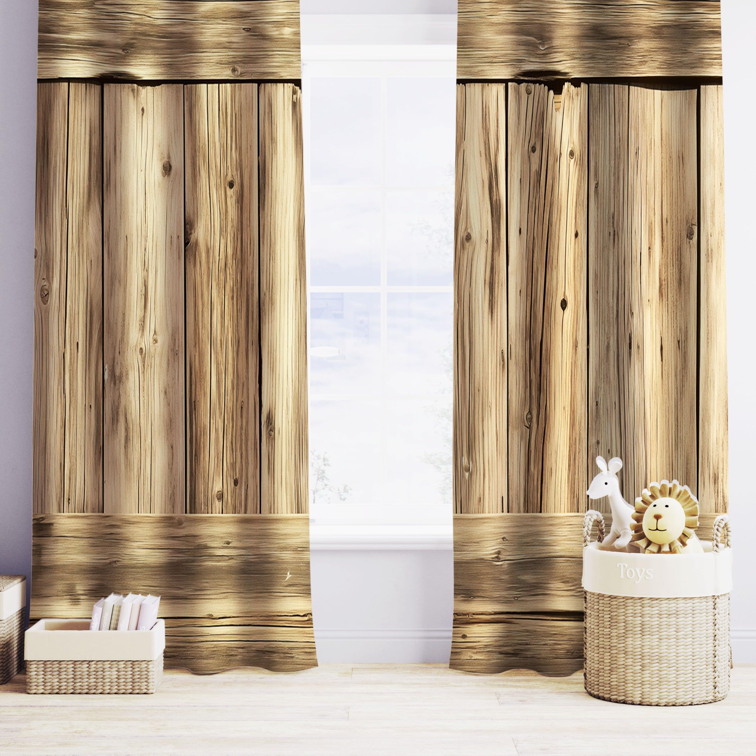2 Pièce Rideau À Oeillets Réduction Du Bruit Rideaux Planches de bois vieilli de vieille grange Rideau Occultant Décor Moderne Pour Société Bureau Chambre À Coucher, Thème du village 280 X 260 cm