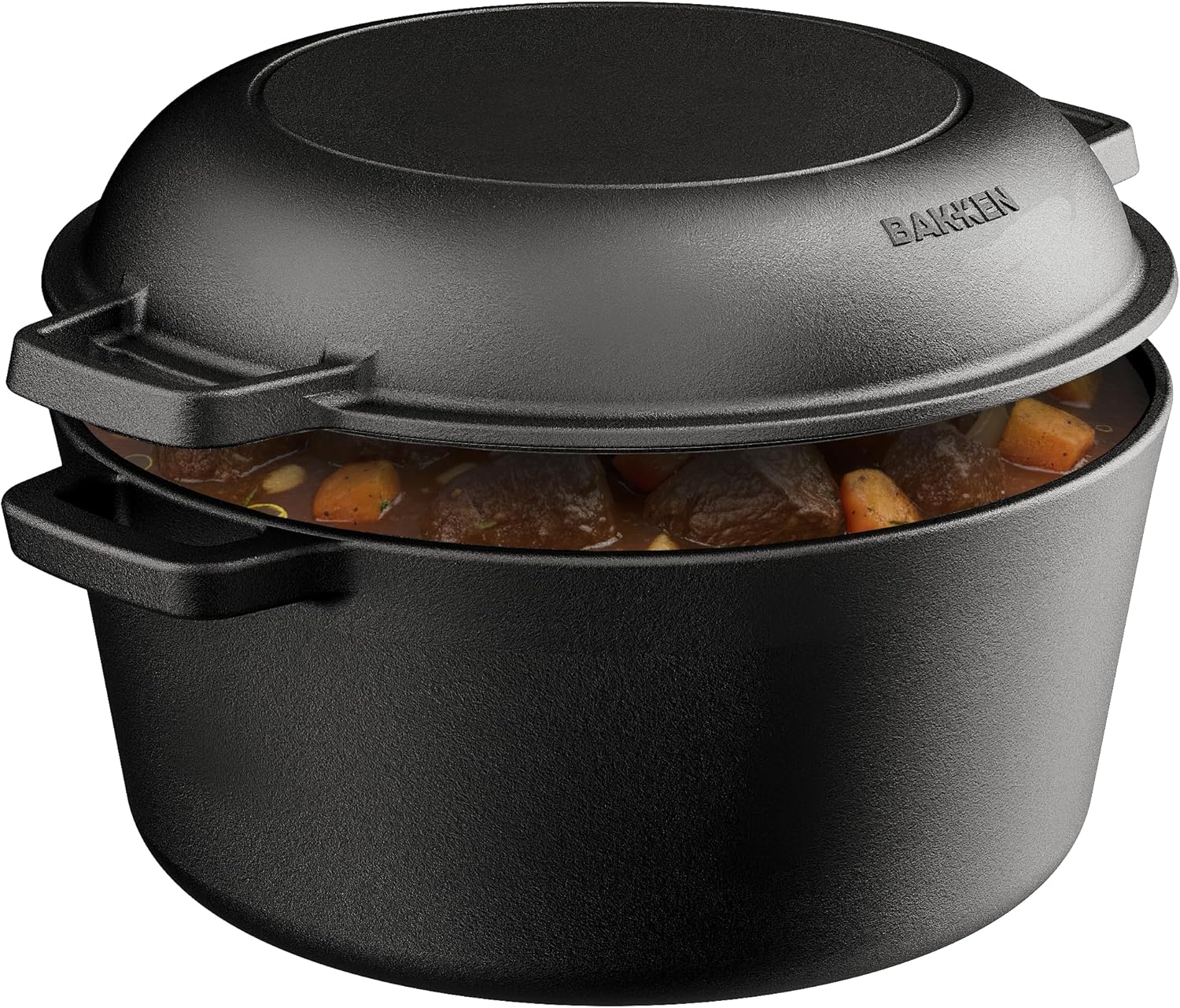 Bakken 2-in-1 Cast Iron Dutch Oven Pot with Skillet Lid, 5QT Pre-Seasoned Dutch Oven for Bread Baking, Roasting & Campfire Cooking, Heavy-Duty Indoor & Outdoor Use with Easy-Grip Dual Handles