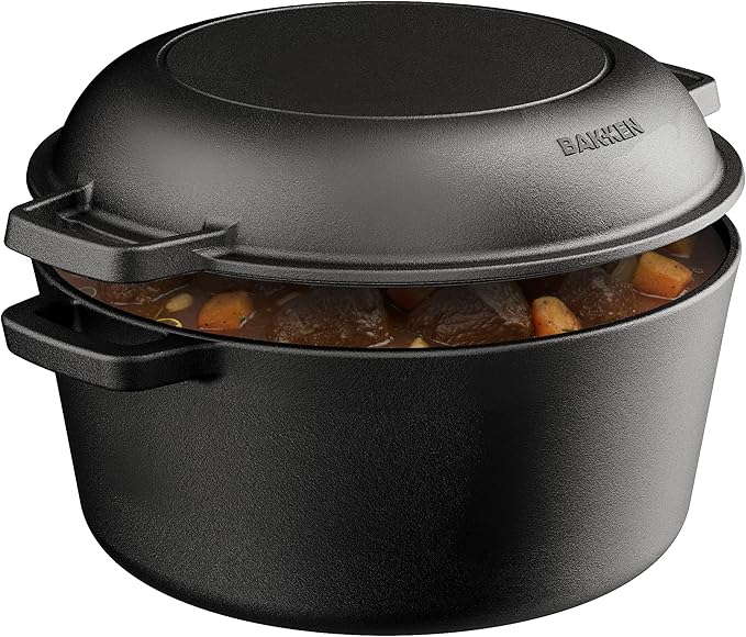 Bakken 2-in-1 Cast Iron Dutch Oven Pot with Skillet Lid, 5QT Pre-Seasoned Dutch Oven for Bread Baking, Roasting & Campfire Cooking, Heavy-Duty Indoor & Outdoor Use with Easy-Grip Dual Handles