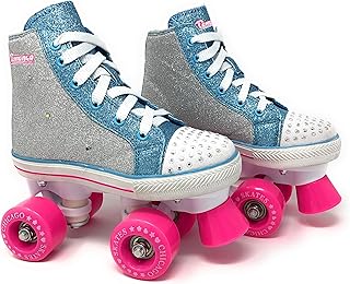 Chicago Skates Girls Fashion Quad Skates with Flashing Lights - Glitter Silver/Teal/Pink - Size 2