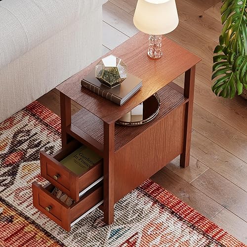 Miniatura 5 de ChooChoo Mesas auxiliares para sala de estar, juego de 2, mesita de noche estrecha de 3 niveles con 2 cajones, mesitas de noche delgadas para sala