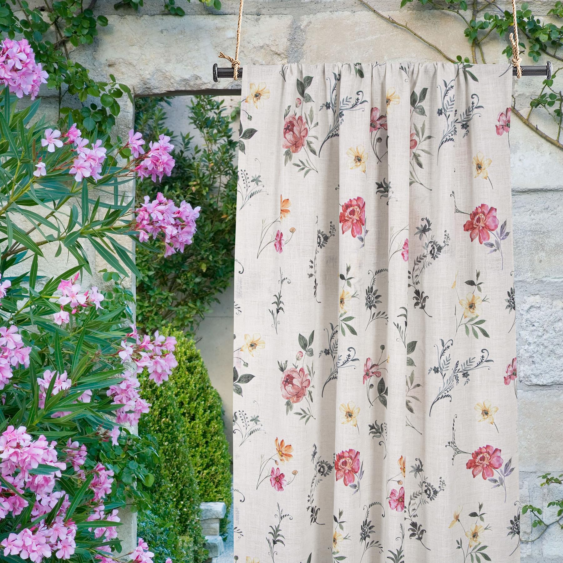 always4u Rideaux à Fleurs Classiques Vintage en Faux Lin, Rideau Semi-Transparent avec des Éléments Naturels, Filtrage de la Lumière, pour Salon et Chambre,Pivoine,140x245cm Lot de 2