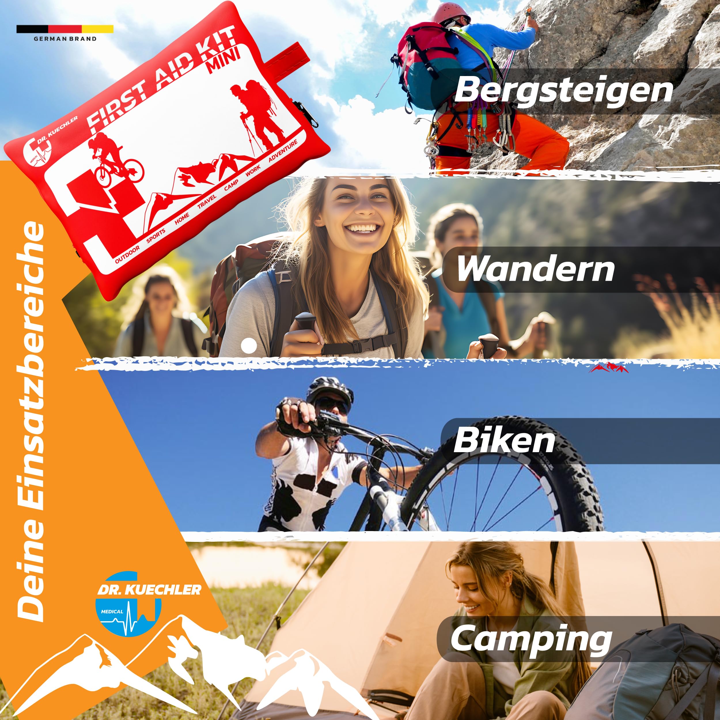 Dr. Küchler Medical Erste-Hilfe-Set Mini - Ultrakompaktes First Aid Kit (14×9×4 cm) für Outdoor, Wandern, Fahrrad & Reise - 29 Teile mit Pflastern, Wundauflagen & Schere, Color First AID KITS:rot