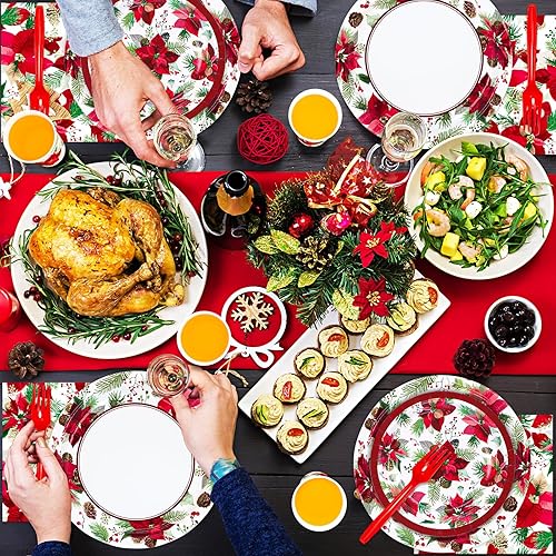 Miniatura 5 de DYLIVeS Suministros para fiestas de Navidad, vajilla desechable de flores de Pascua de Navidad, decoración de fiesta de Feliz Navidad, para