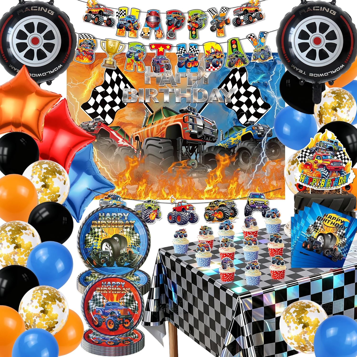 Monster Truck Birthday Decorations, 102Pcs Birthday Party Decorations Include Banner Tablecloth Cake Toppers Balloons Plates Napkins Birthday Party Decor Serves 20 Guests for Birthday Party