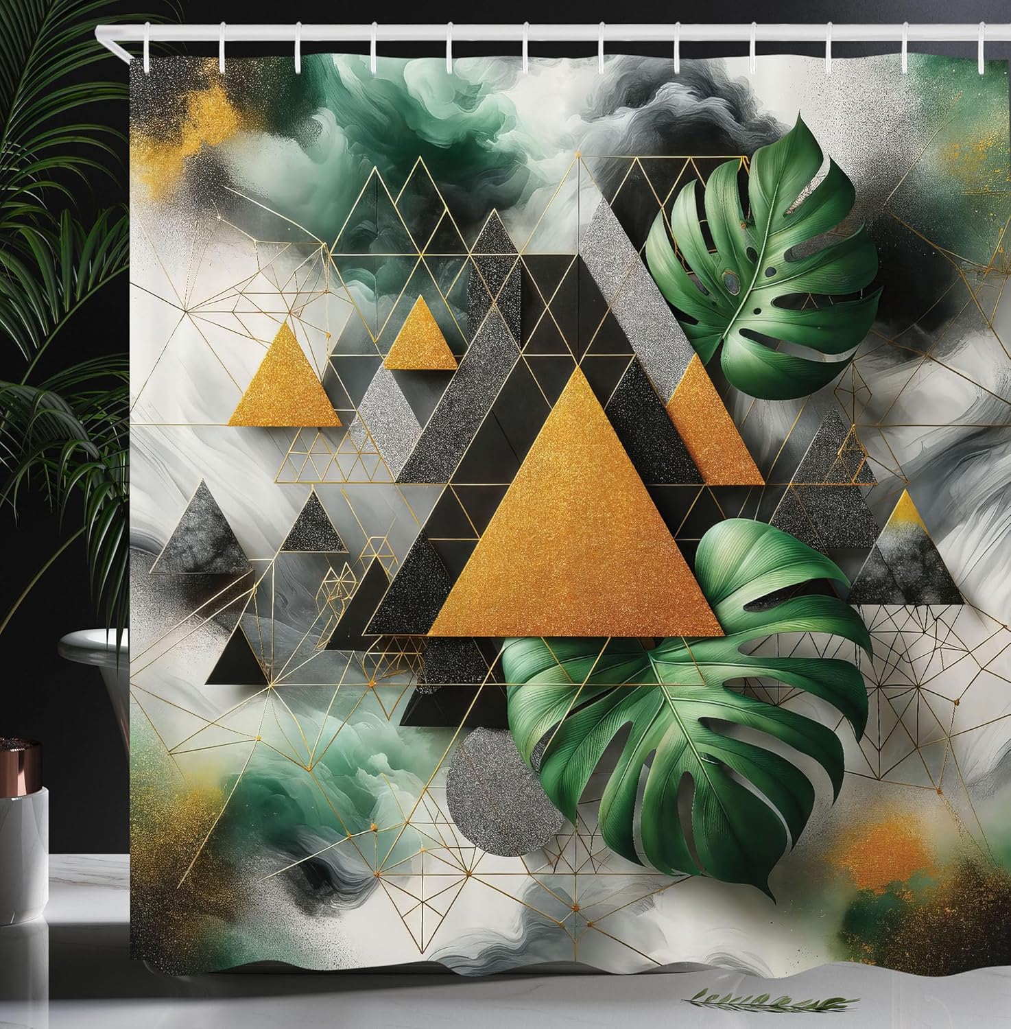 Ambesonne Monstera Shower Curtain, Abstract Triangular Geometric Forms with Leaves on a Cloudy Background, Cloth Fabric Bathroom Decor Set with Hooks, 69" W x 75" L, Fern Green Grey Camel