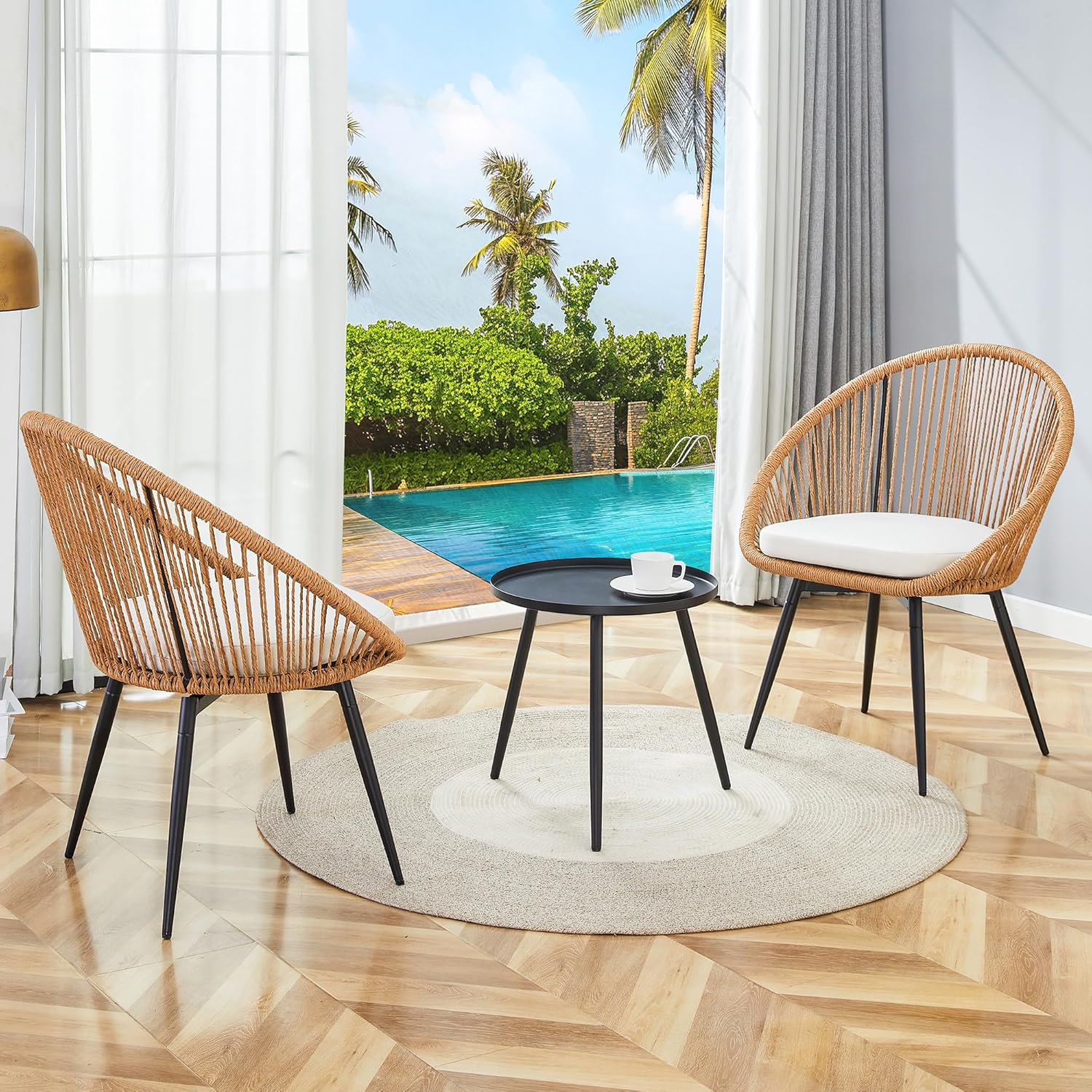 3 Piece Bistro Set - 2 Rattan Swivel Chairs with Anti-Spill Round Coffee Table,Outdoor Bistro Table and Chairs Set of 2 with Black Metal Legs for Backyard, Baclcony，No Assembly Required
