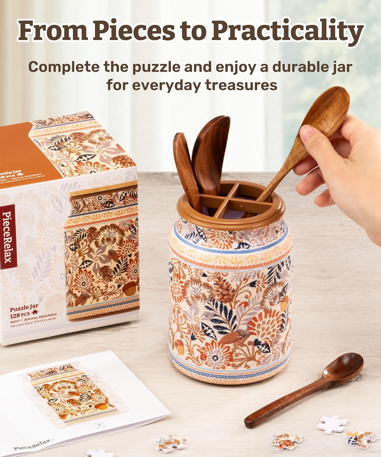 PieceRelax 3D Puzzle Jar 128 Plastic Pieces for Adults - Sweetness of Strawberry Use Includes Divider Pen & Utensil Holder with Wooden Lid Dining,Study Living Room Medium [BA1014] - Image 3