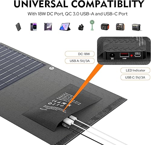 Miniatura 3 de Cargador solar de 30 W, panel solar USB para campamento, senderismo y actividades al aire libre, compacto y ligero, IPX4 impermeable, carga