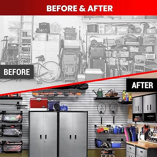 Miniatura 16 de DLDIRECT 96 x 48 pulgadas - Organizador de garaje con panel Slatwall: Estante de PVC montado en la pared resistente, paneles de listones