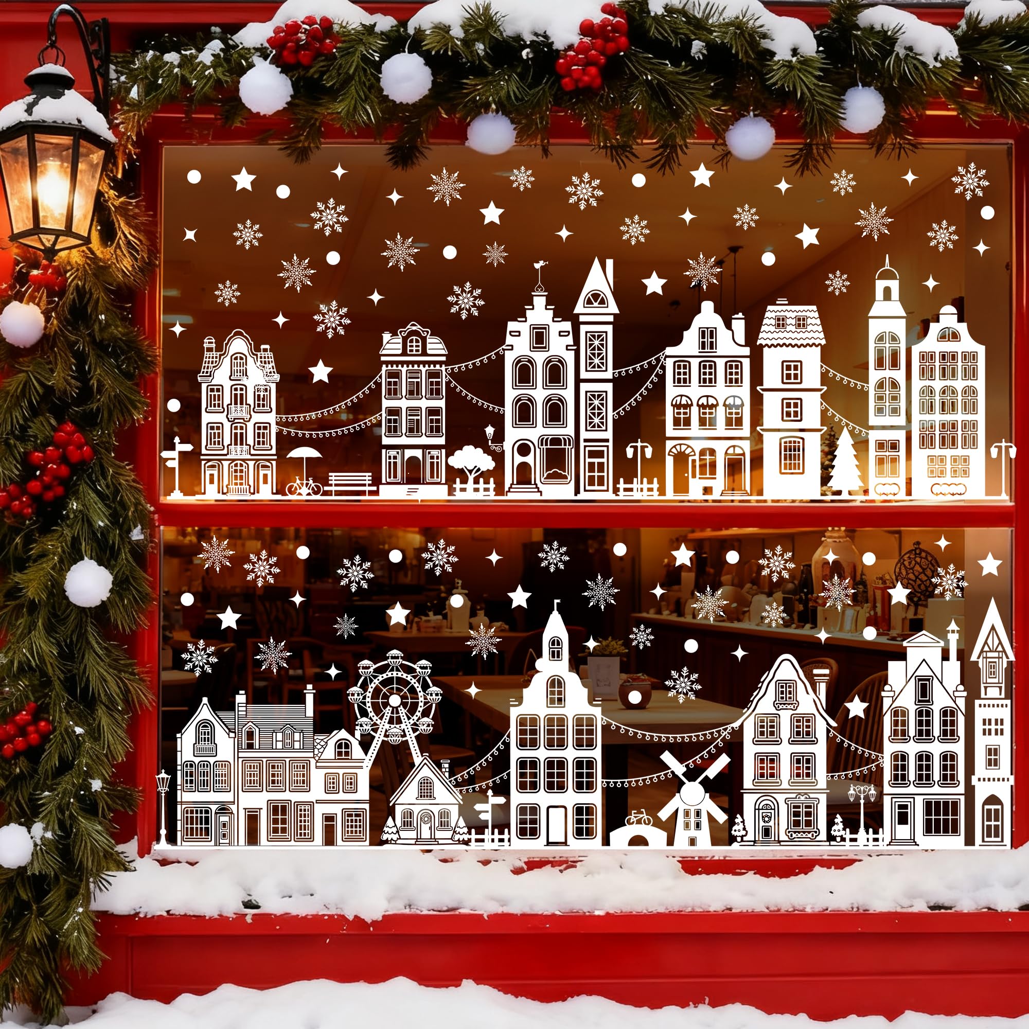 Shatoo White Christmas Window Stickers Reusable, Xmas Window Stickers Double Sided, Pvc Merry Christmas Window Clings Decals For Glass Window, Christmas Decorations With Winter House Snowflake