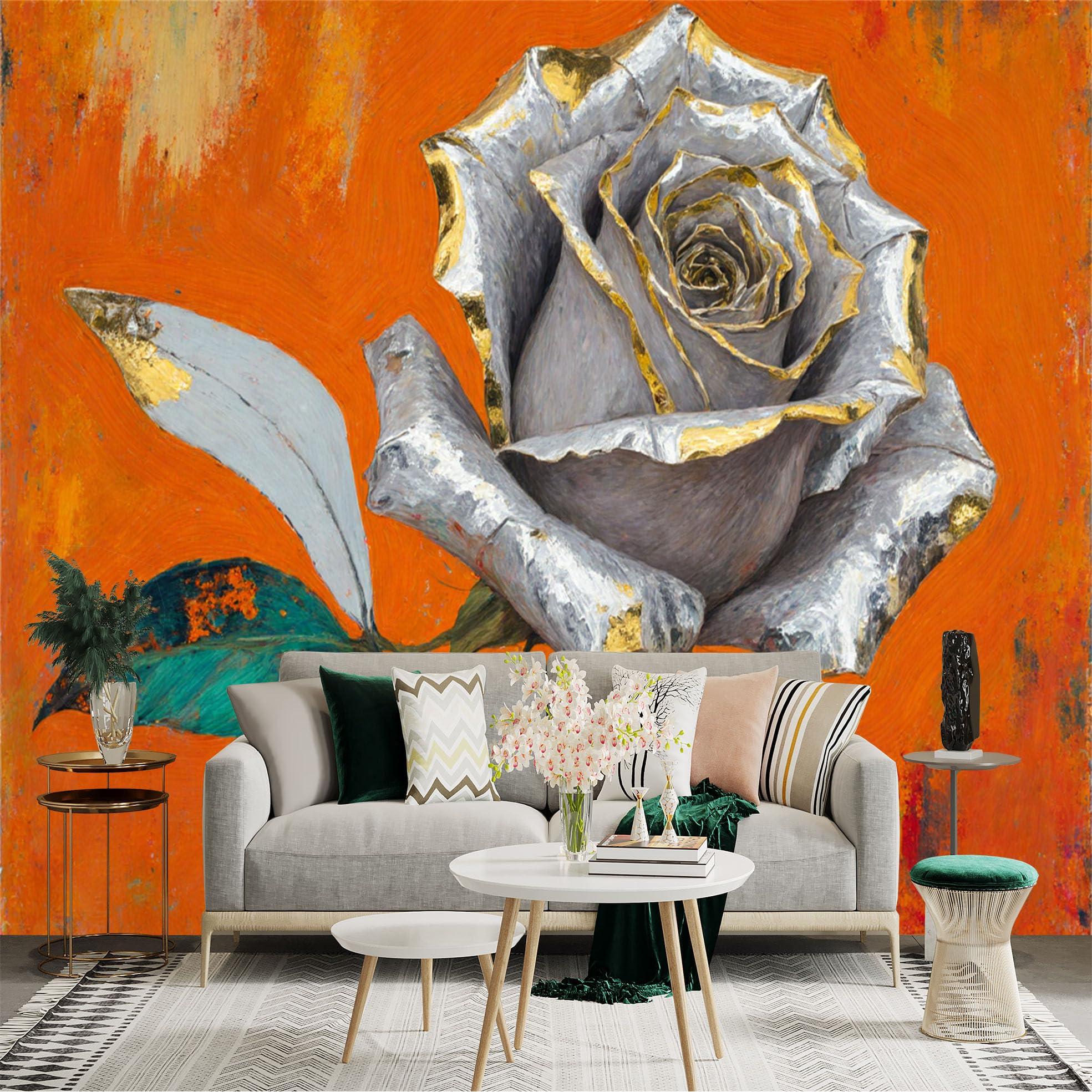 Custom Size Wall Sticker Mural， Silver Rose with Gold Leaf Accents， Vibrant Orange Background， Artistic Oil Painting Style， for wall Decoration， peelandstick wall Decals.