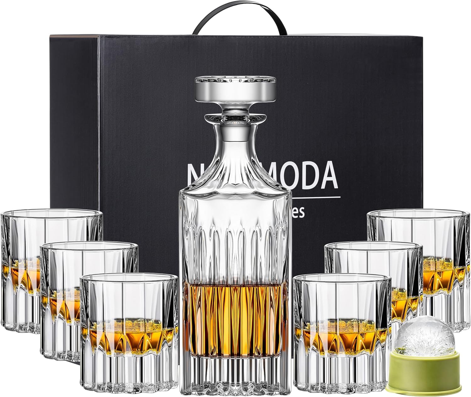 13-Piece Whiskey Decanter Gift Set for Men, 27oz Lead-Free Liquor Decanter with 6 x 7.5oz Heavy Base Glasses & 6 Ice Ball Molds - Rocks Glassware for Home Bar, Bourbon & Scotch