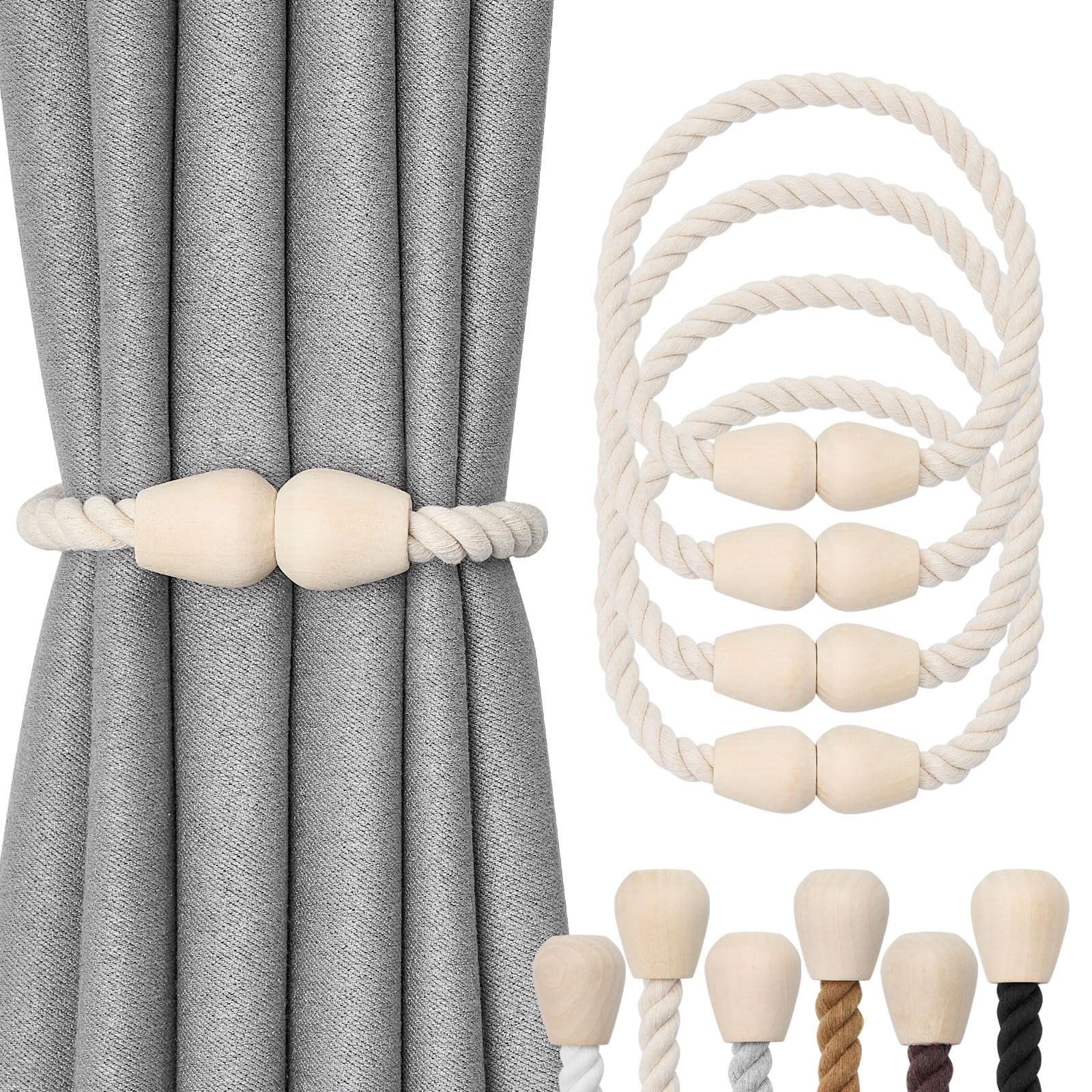 NICEEC 4 Pack Wooden Magnetic Curtain Tiebacks Elegant Boho Home Decoration Drape Tie Backs Natural Cotton Handmade Rope Curtain Holdbacks for Home & Office Window Drapery (Beige)