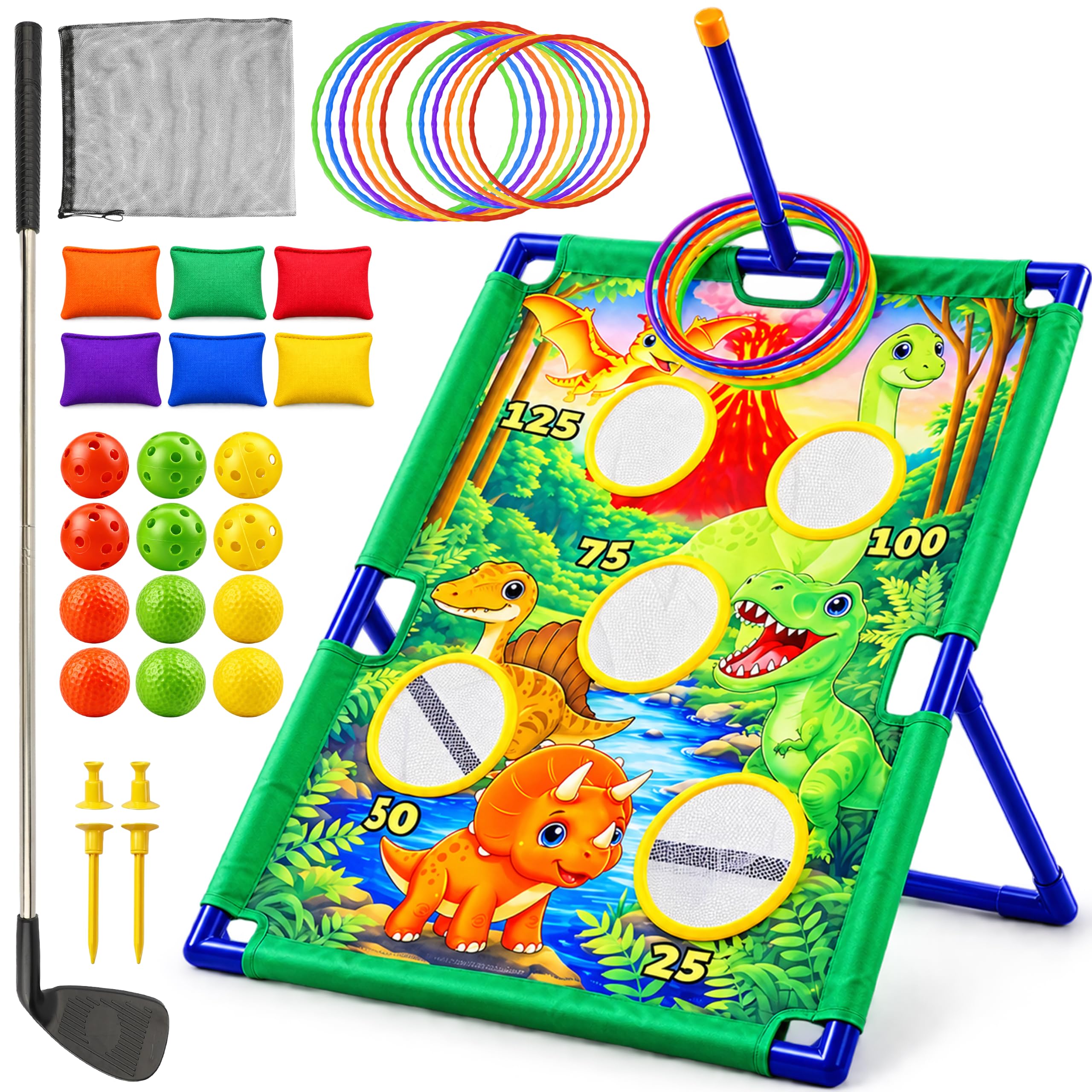 TOY Life 3-in-1 Dinosaur Cornhole &amp; Ring Toss, Backyard Party Game Kids