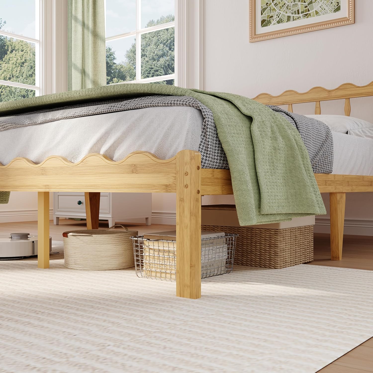 14 Inch Solid Wood Full Bed Frame with Wavy Headboard, No Box Spring Needed, No Squeak, Bamboo&Metal